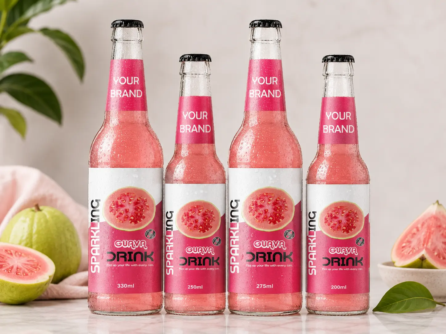 SPARKLING DRINK Guava Flavored Drink in 330ml, 250ml, 275ml, and 200ml glass bottles.
